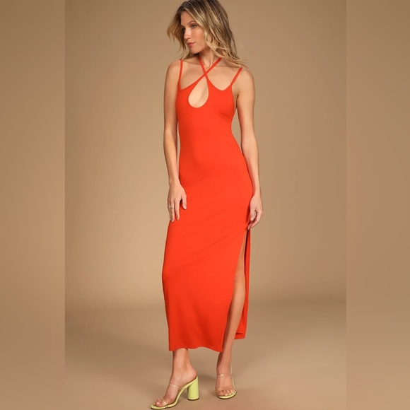 Lulus Dresses & Skirts - NWT Lulu’s Dress Hot Temps Red Orange Halter Midi Dress Size XS